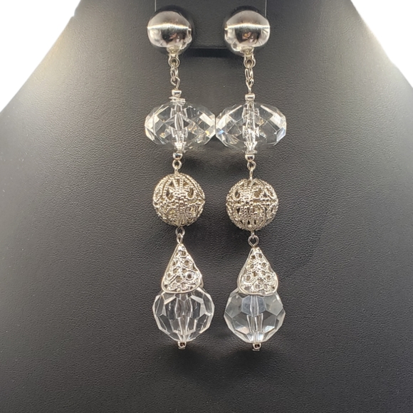 New OS Retro Disco Ball 4" Dangle Pierced Faux Crystal & Silver Tone Earrings - Picture 5 of 9
